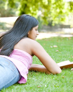 Dikiz Hindistanlı bir kız parkta bir kitap okuma.