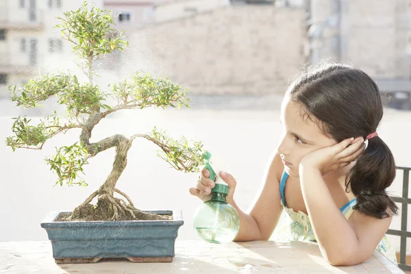 Porträt eines jungen Mädchens, das einen Bonsai-Baum gießt — Stockfoto