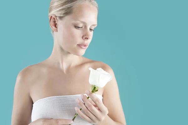 Jovem loira segurando uma rosa branca em suas mãos . — Fotografia de Stock