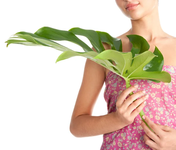 Beauty detail view of a young woman holding tropical green leaf — Stock Photo, Image