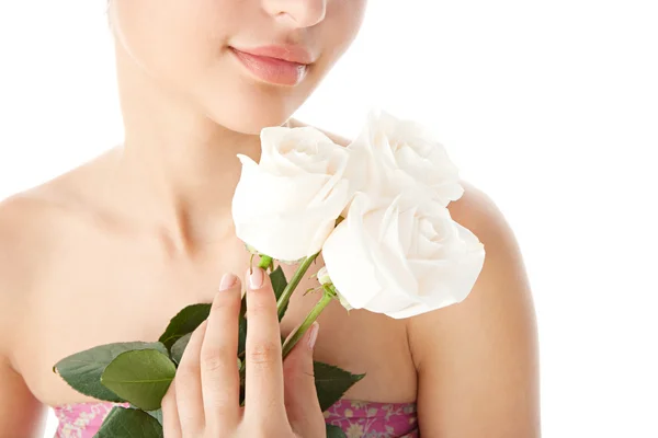 Beauty detail view of a young woman holding three white roses — Stock Photo, Image