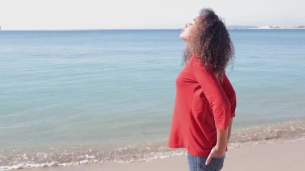 Дівчина дихає свіжим повітрям біля моря . — стокове відео