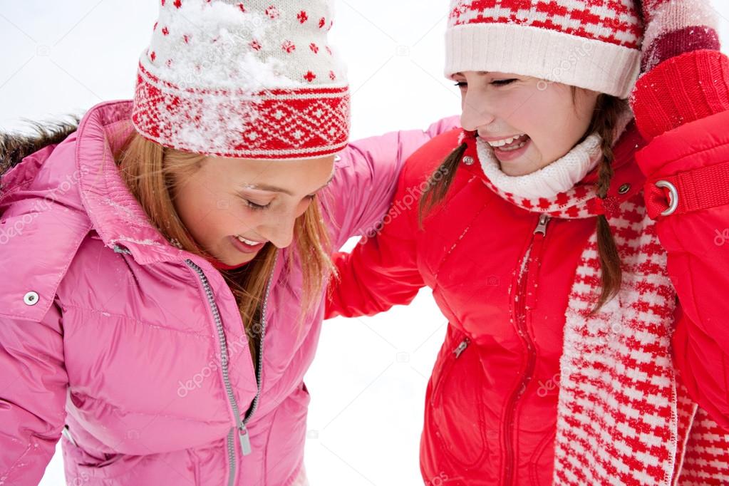 Two young women in winter outdoors