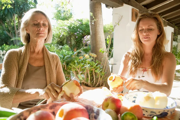 Madre e hija sentadas juntas en un jardín casero — Foto de Stock