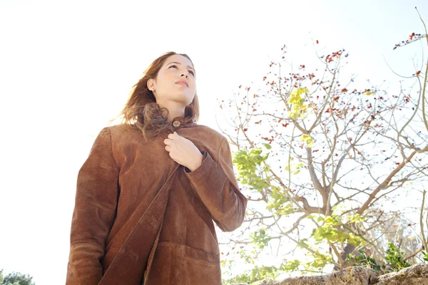 Woman wearing a leather coat — Stock Photo, Image