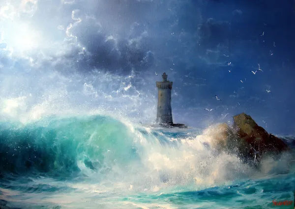 Deniz manzarası dalga ve deniz feneri — Stok fotoğraf