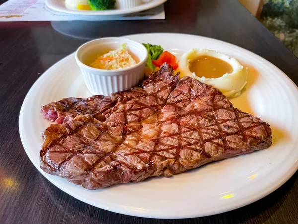 Grilled Beef Steak White Plate — Stock Photo, Image