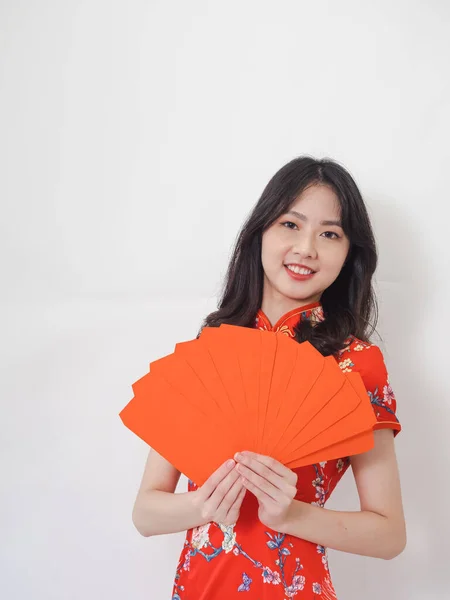 Portrait Young Asian Woman Wearing Traditional Cheongsam Qipao Dress Red — Foto de Stock