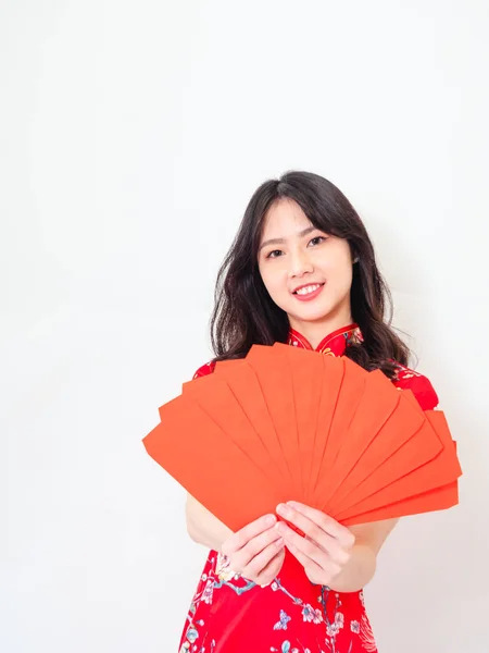 Portrait Young Asian Woman Wearing Traditional Cheongsam Qipao Dress Red — 스톡 사진