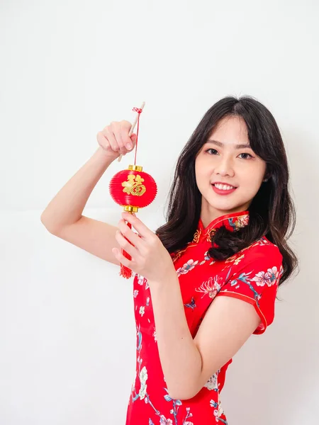 Portrait Young Asian Woman Wearing Traditional Cheongsam Qipao Dress Hold — Foto Stock