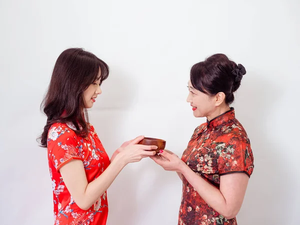 Portrait Mature Asian Mother Her Asian Daughter Both Wearing Traditional — Stockfoto