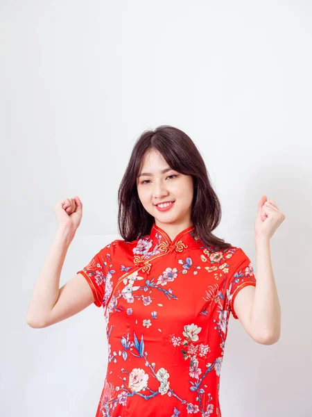 Portrait Young Asian Woman Wearing Traditional Cheongsam Qipao Dress Isolated — Foto de Stock