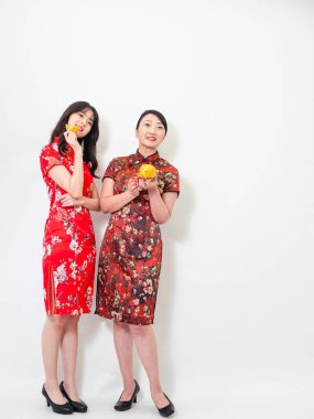 İkisi de geleneksel Cheongsam Qipao elbisesi giyen Asyalı genç kadın ve yaşlı kadın portresi. Beyaz arka planda altın külçeleri ve domuz anlamına geliyor..