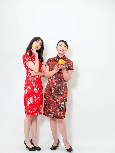 Portrait of asian young woman and elder woman both wearing traditional cheongsam qipao dress showing Gold ingot and pig meaning \