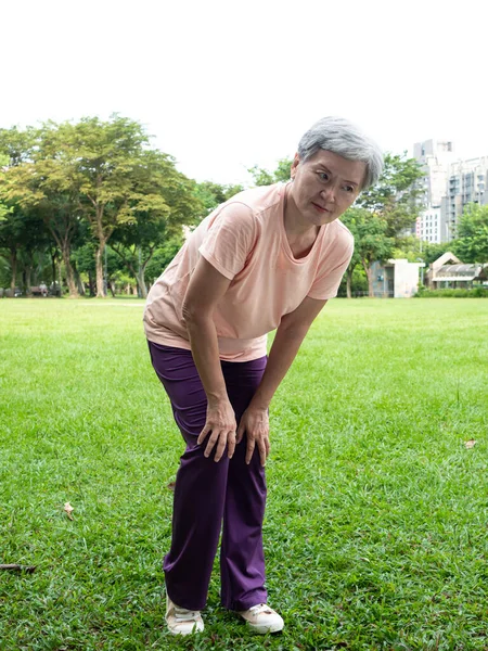 Portrait Mature Asian Woman 60S Having Joint Pain Park Outdoor — Fotografia de Stock