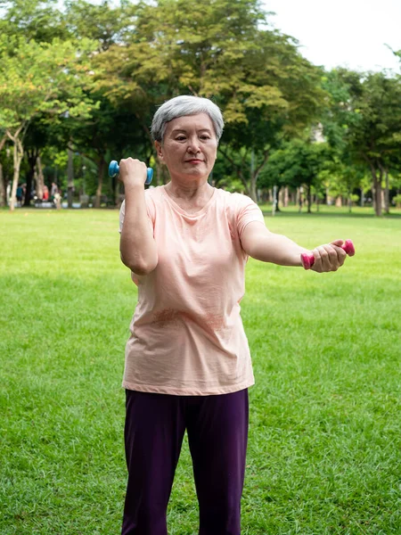 Portrait Mature Asian Woman 60S Wearing Sports Clothing Doing Arm — Stock Photo, Image