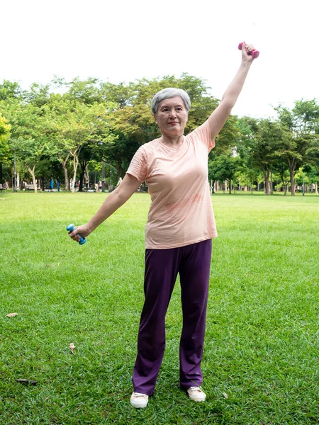 Retrato Maduro Ásia Mulher 60S Vestindo Esportes Roupas Fazendo Braço — Fotografia de Stock