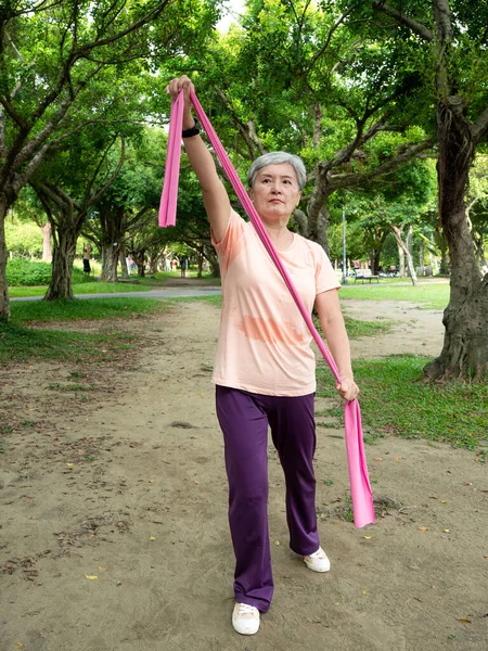 亚洲60多岁成熟女子穿着弹性带运动服在公园室外进行健康锻炼的肖像 免版税图库照片