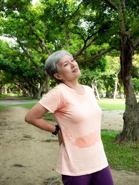 Portrait of mature asian woman 60s touching her waist and hold lower back which suffering from back pain or back ache at park outdoor.