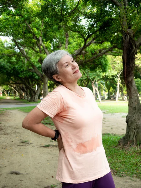 Portrait of mature asian woman 60s touching her waist and hold lower back which suffering from back pain or back ache at park outdoor.