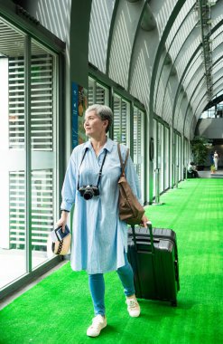 Yaşlı, yaşlı Asyalı bir kadının portresi. 60 'lı yaşlarda, bavul çantası ve kamera ile seyahat konsepti için gülümsüyor..