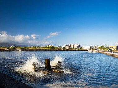 Balık göleti barajı büyük gölden çitle çevrilmiş. Asya 'da balık çiftçiliği endüstrisi