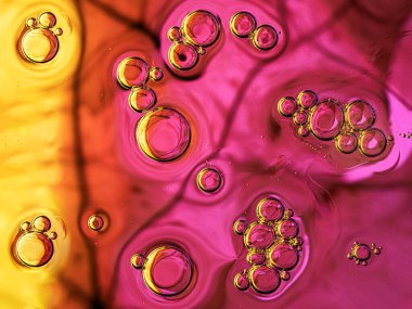 Kabarcık ve yaprak desenli renkli yağ veya serum arkaplanı.