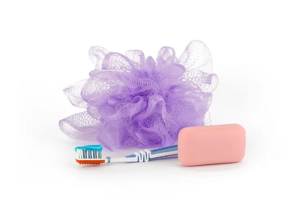 Gąbka, mydło i szczoteczki do zębów Obraz Stockowy