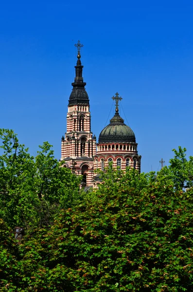 Christian church against the blue sky over the green foliage — Stock Photo, Image