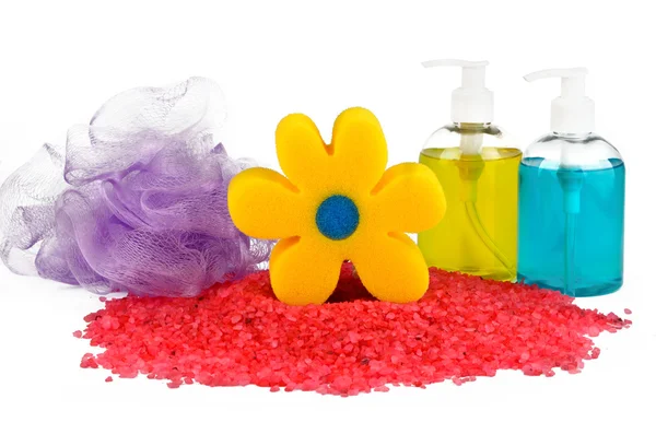 Sea salt, soap and sponges — Stock Photo, Image