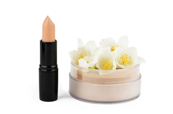 Brown lipstick and powder with jasmine flowers — Stock Photo, Image