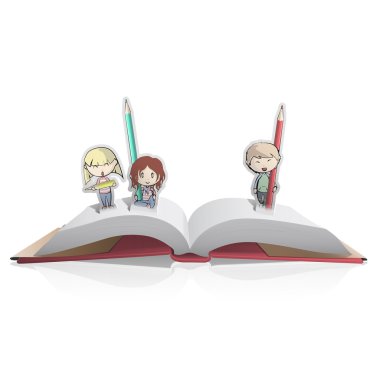 pop-up kitap kartı çizim üç arkadaş. vektör çizim.