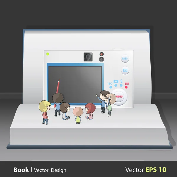 Kamera ile bir kitabın içinde birçok çocuk. vektör tasarımı. — Stok Vektör