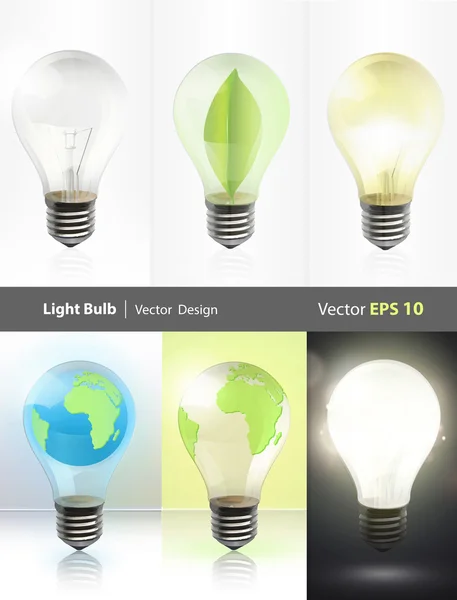 Collection of realistic bulbs. Lightbulb, lightbulb off, bulb with earth, and bulb with leaf. Vector design. — Stock Vector