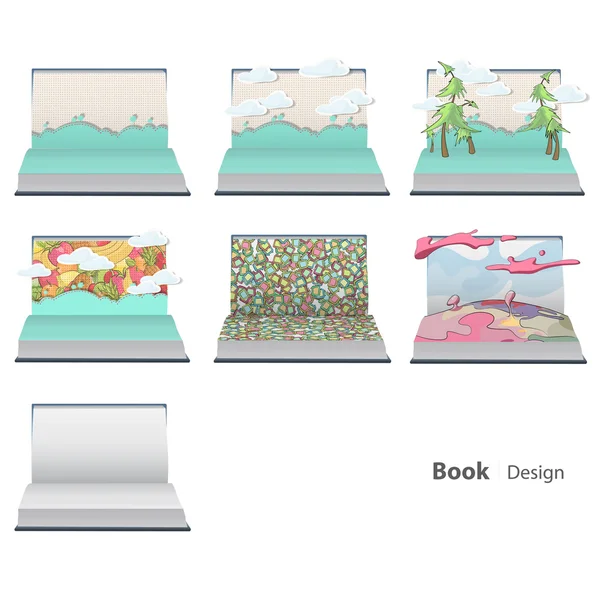 Verschillende open boeken met meerdere landschap. vector ontwerp. — Stockvector