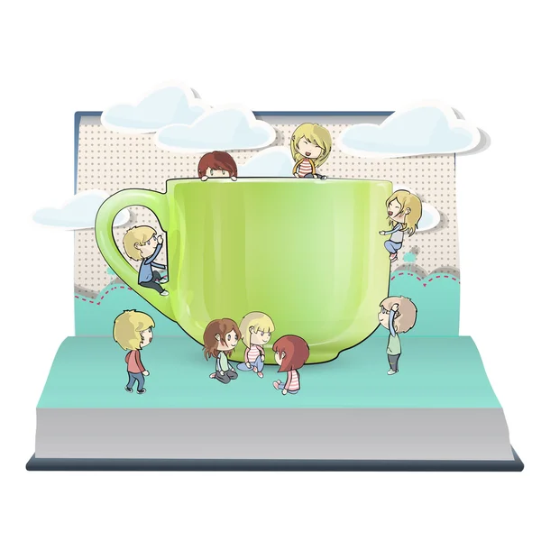 Many kids with cup inside a book. Vector design. — Stock Vector