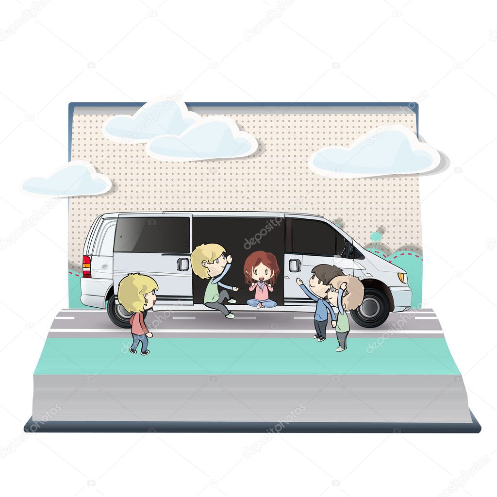 Many kids with van inside a book. Vector design.