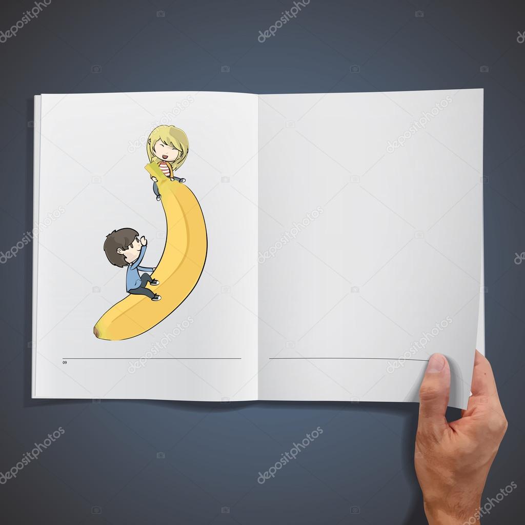 Kids playing with a banana inside a book Vector design