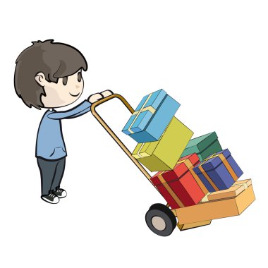 Boy buying many presents in a shop. Vector design. vector