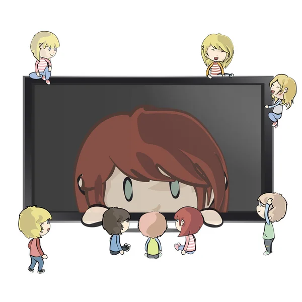 Many children around a TV with girl inside. Vector design. — Stock Vector