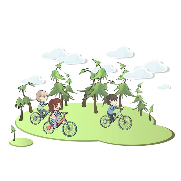 Crianças de bicicleta em bela paisagem. Projeto vetorial . — Vetor de Stock