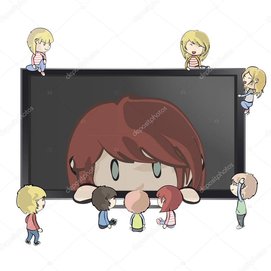 Many children around a TV with girl inside. Vector design.