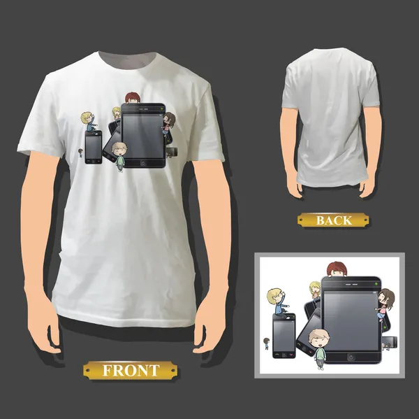 Etrafta telefon üzerinde beyaz gömlek baskılı çocuk. gerçekçi vektör çizim.