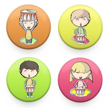 set davul oynayan çocuklar ile renkli rozet. vektör tasarımı.