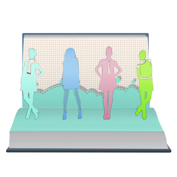 Silhouette filles imprimées sur livre ouvert. Conception vectorielle . — Image vectorielle