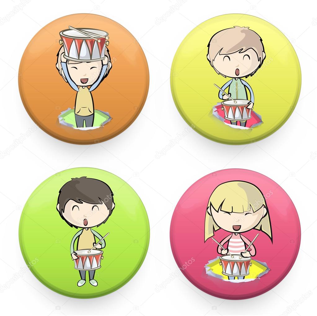 Serie di badge colorati con bambini che giocano a tamburo disegno vettoriale — Vettoriale Stock