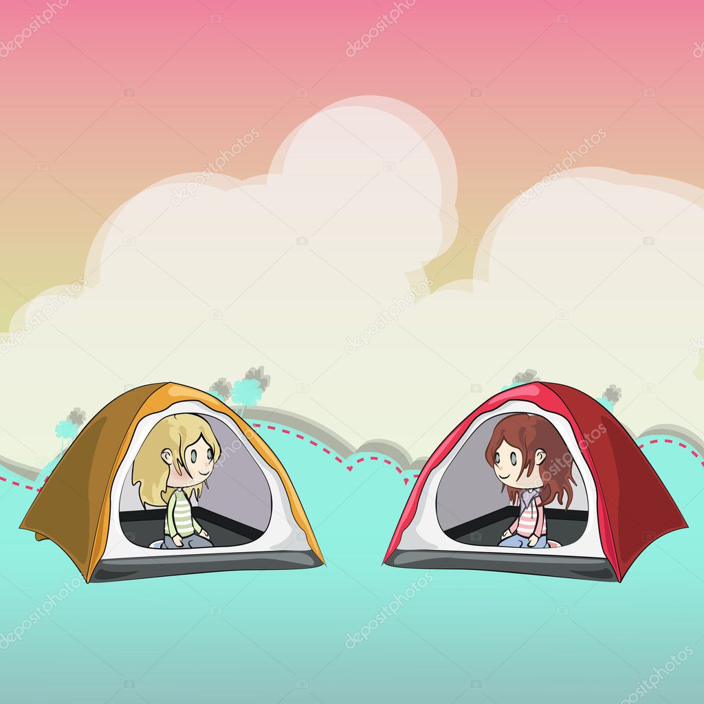Two friends in a tent. Vector design.