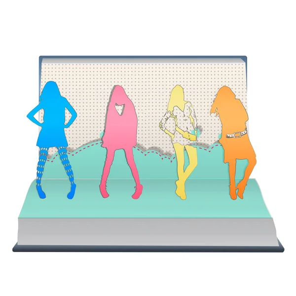 Ragazze di silhouette stampate su libro aperto. Design vettoriale . — Vettoriale Stock