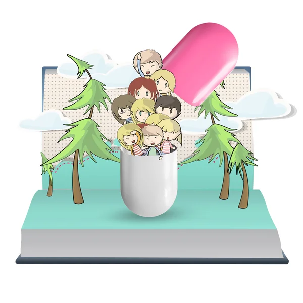 Several kids inside a pill printed on open book. Vector design. — Stock Vector