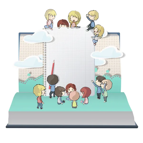 Birkaç çocuk ile defter açık kitap basılmış. vektör tasarımı.